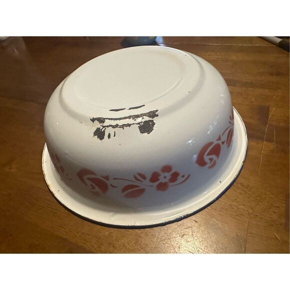 Vintage Large Floral Pattern Enamel Tin Serving Bowl Retro 12.5” repurposed - Picture 5 of 10